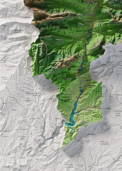 Mapa de relleu de l’Alt Urgell, amb el territori en color i l’entorn en blanc. Detall de la part inferior esquerra. 50 × 70 cm. Estil Clàssic.