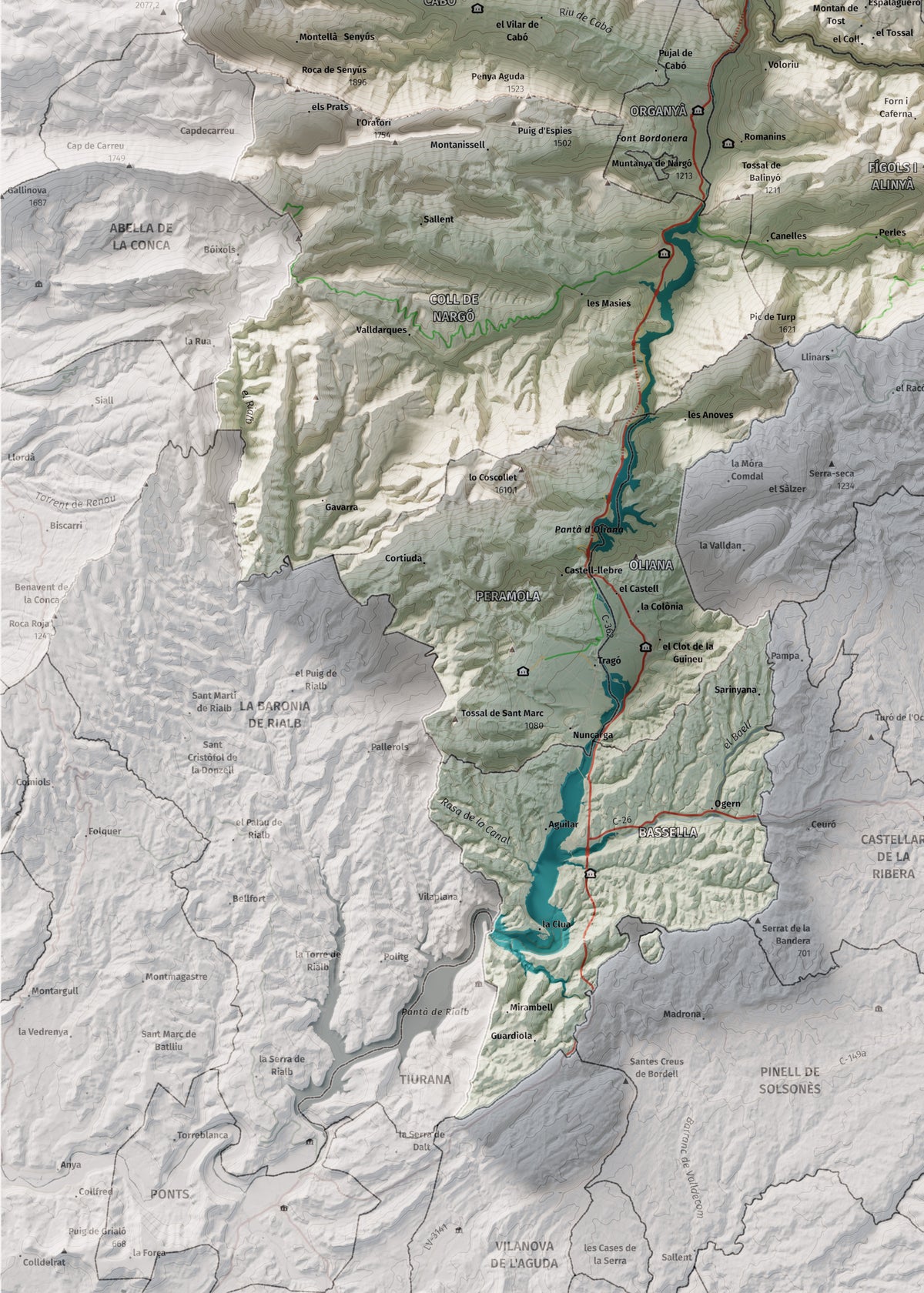 Mapa de relleu de l’Alt Urgell, amb el territori en color i l’entorn en blanc. Detall de la part inferior esquerra. 50 × 70 cm. Estil Cartogràfic.