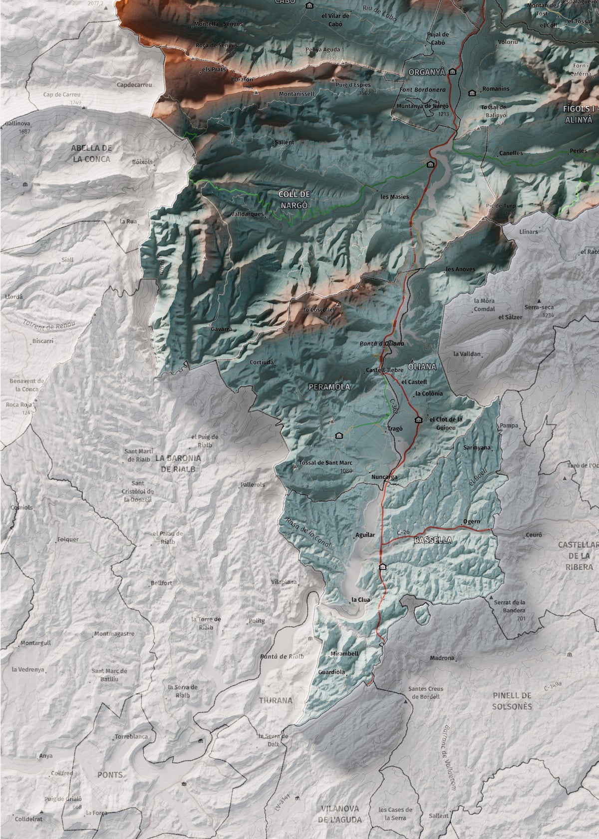 Mapa de relleu de l’Alt Urgell, amb el territori en color i l’entorn en blanc. Detall de la part inferior esquerra. 50 × 70 cm. Estil Blau i taronja.