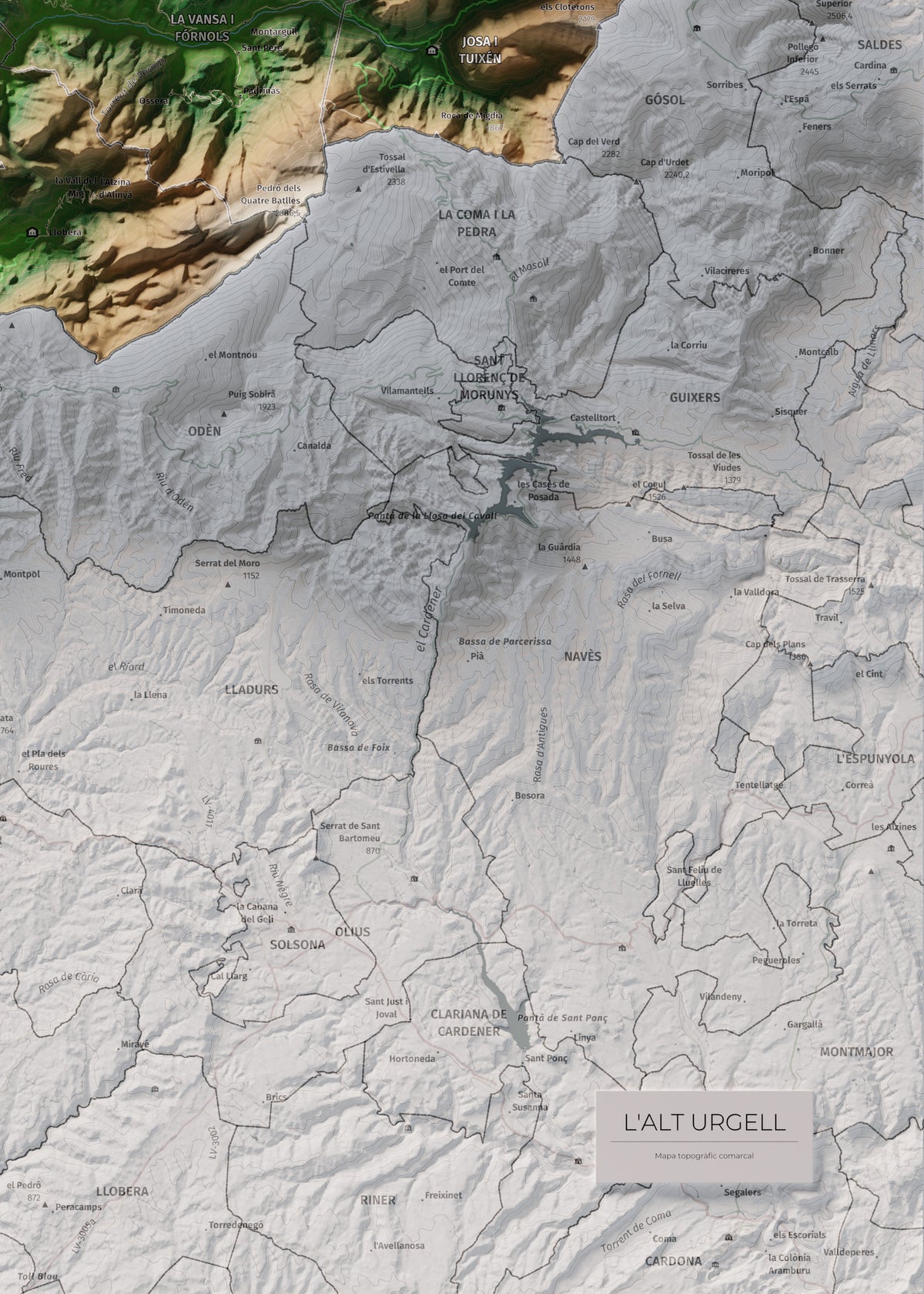 Mapa de relleu de l’Alt Urgell, amb el territori en color i l’entorn en blanc. Detall de la part inferior dreta. 50 × 70 cm. Estil Clàssic.