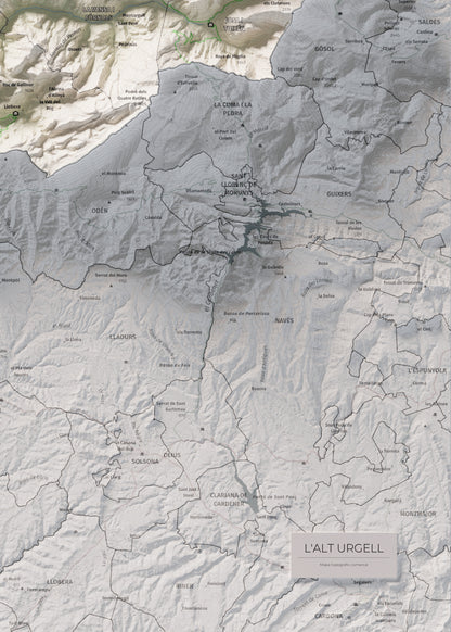 Mapa de relleu de l’Alt Urgell, amb el territori en color i l’entorn en blanc. Detall de la part inferior dreta. 50 × 70 cm. Estil Cartogràfic.