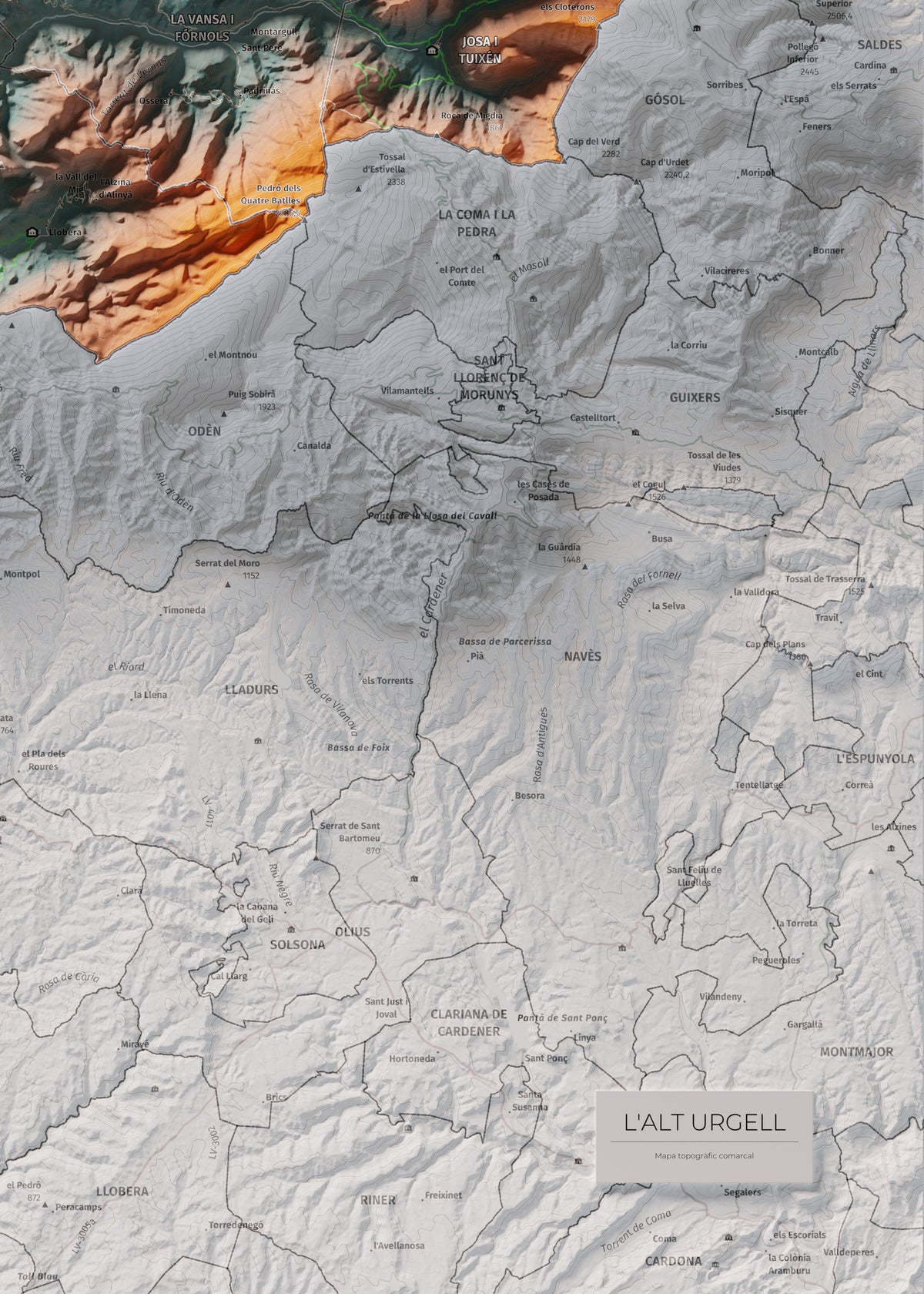 Mapa de relleu de l’Alt Urgell, amb el territori en color i l’entorn en blanc. Detall de la part inferior dreta. 50 × 70 cm. Estil Blau i taronja.