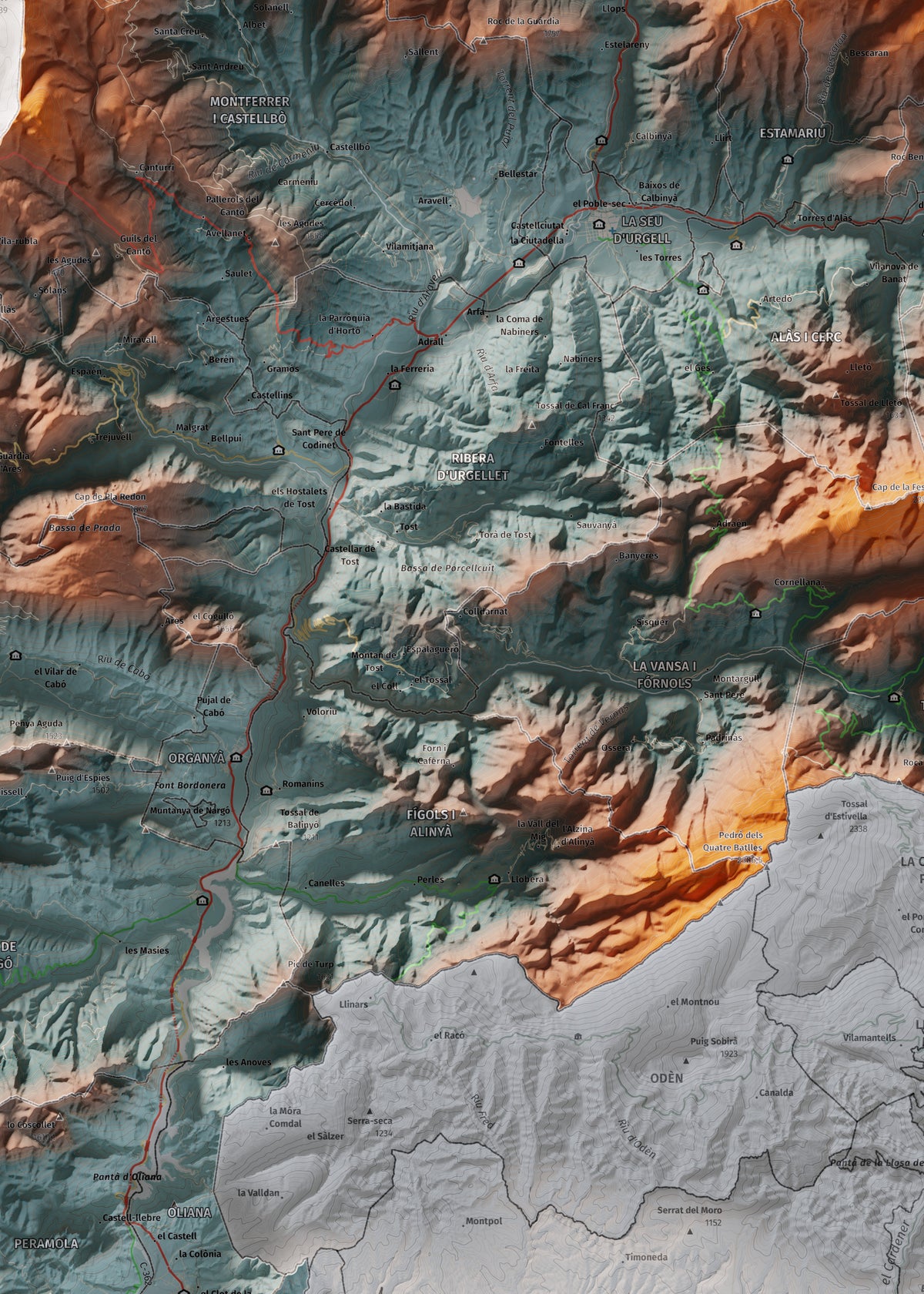 Mapa de relleu de l’Alt Urgell, amb el territori en color i l’entorn en blanc. Detall de la part central. 50 × 70 cm. Estil Blau i taronja.