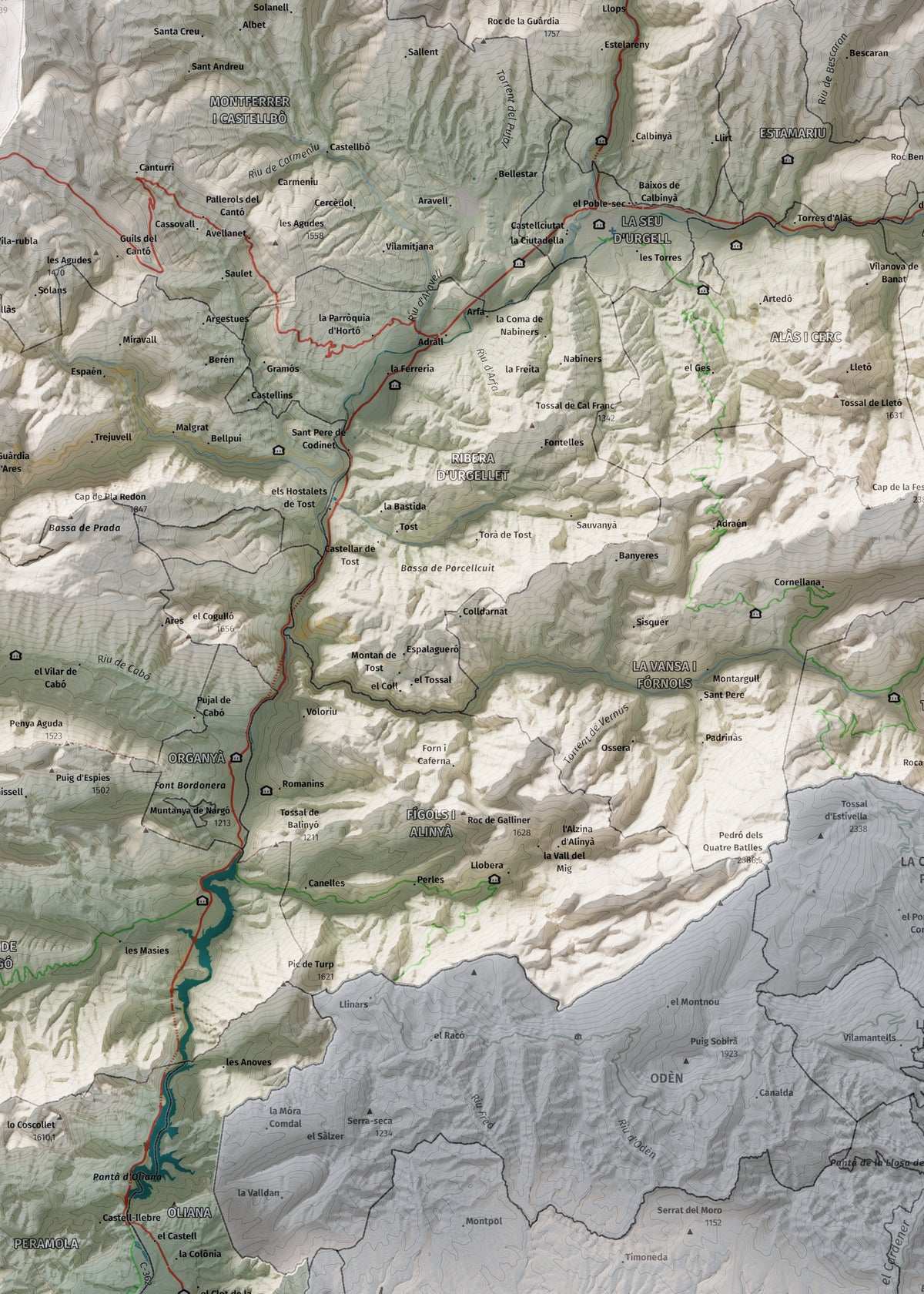 Mapa de relleu de l’Alt Urgell, amb el territori en color i l’entorn en blanc. Detall de la part central. 50 × 70 cm. Estil Cartogràfic.