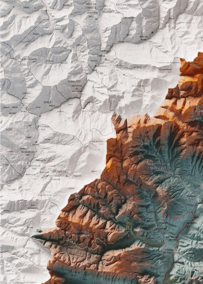 Mapa de relleu de l’Alt Urgell, amb el territori en color i l’entorn en blanc. Detall de la part superior esquerra. 50 × 70 cm. Estil Blau i taronja.