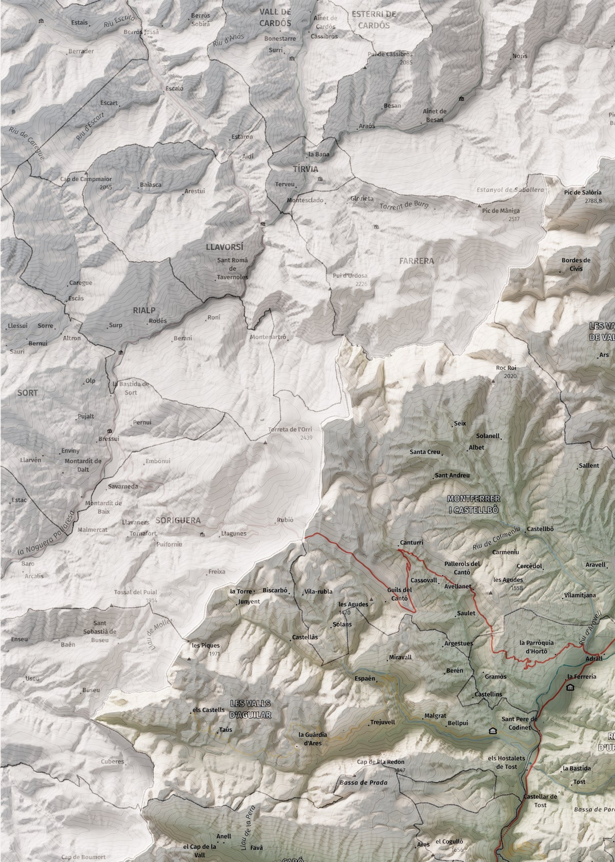 Mapa de relleu de l’Alt Urgell, amb el territori en color i l’entorn en blanc. Detall de la part superior esquerra. 50 × 70 cm. Estil Cartogràfic.
