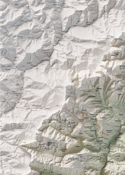 Mapa de relleu de l’Alt Urgell, amb el territori en color i l’entorn en blanc. Detall de la part superior esquerra. 50 × 70 cm. Estil Cartogràfic.