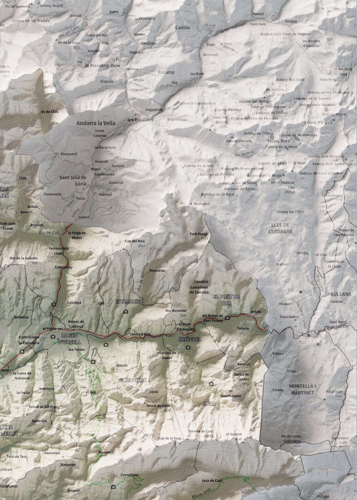 Mapa de relleu de l’Alt Urgell, amb el territori en color i l’entorn en blanc. Detall de la part superior dreta. 50 × 70 cm. Estil Cartogràfic.