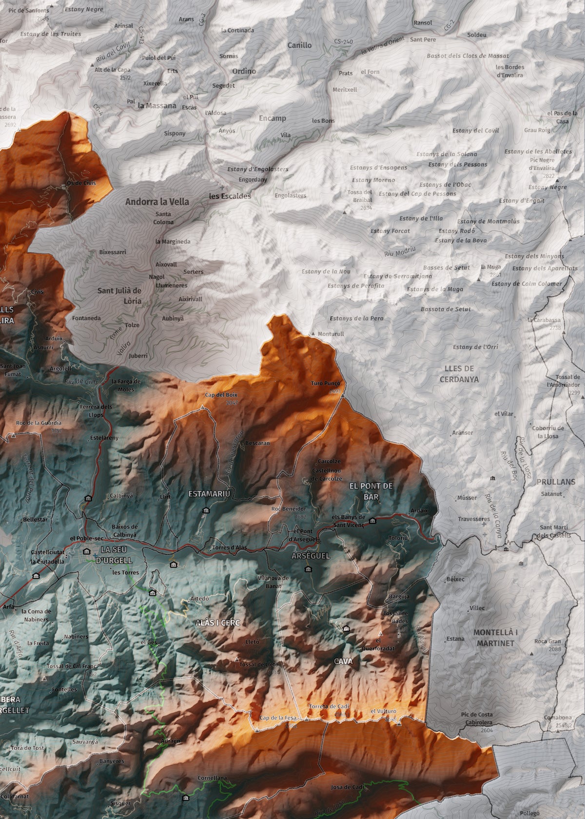 Mapa de relleu de l’Alt Urgell, amb el territori en color i l’entorn en blanc. Detall de la part superior dreta. 50 × 70 cm. Estil Blau i taronja.