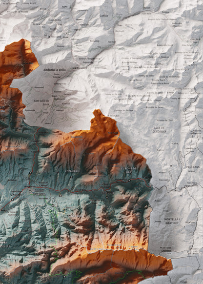 Mapa de relleu de l’Alt Urgell, amb el territori en color i l’entorn en blanc. Detall de la part superior dreta. 50 × 70 cm. Estil Blau i taronja.