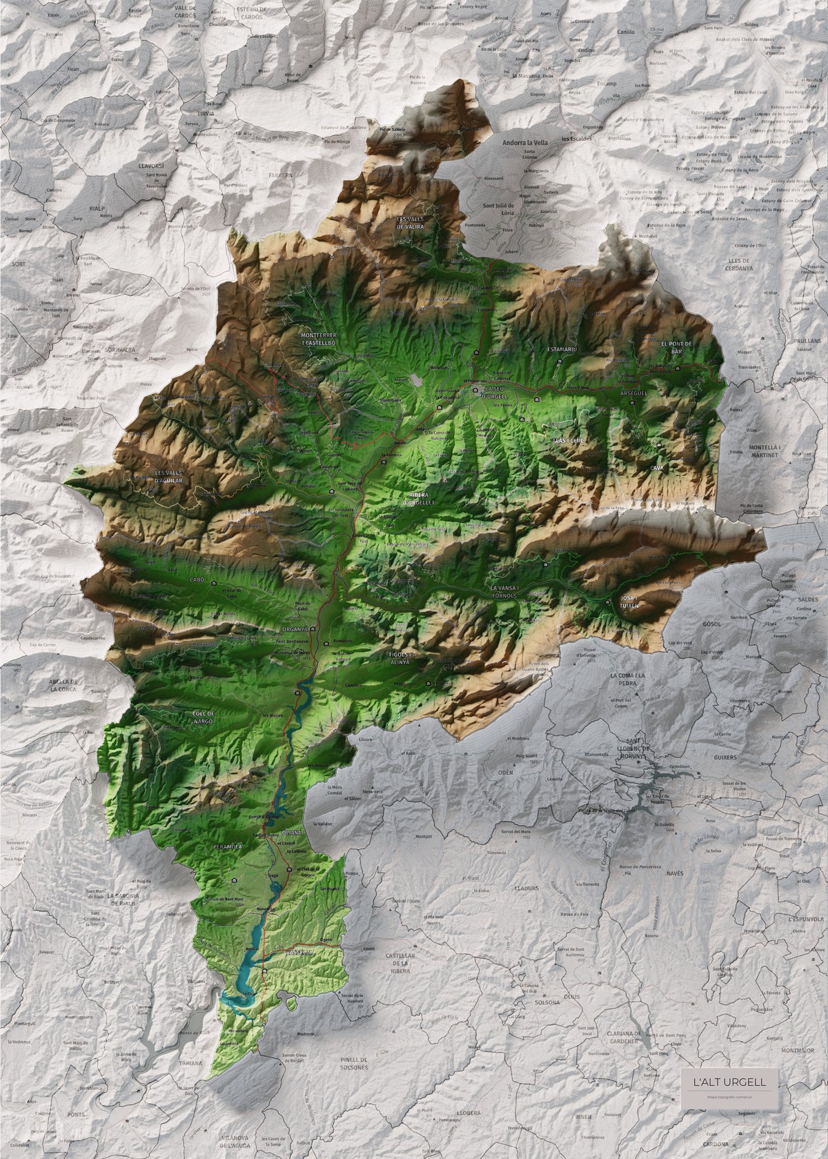 Mapa de relleu de l’Alt Urgell, amb el territori en color i l’entorn en blanc. Vista completa de la làmina. 50 × 70 cm. Estil Clàssic.