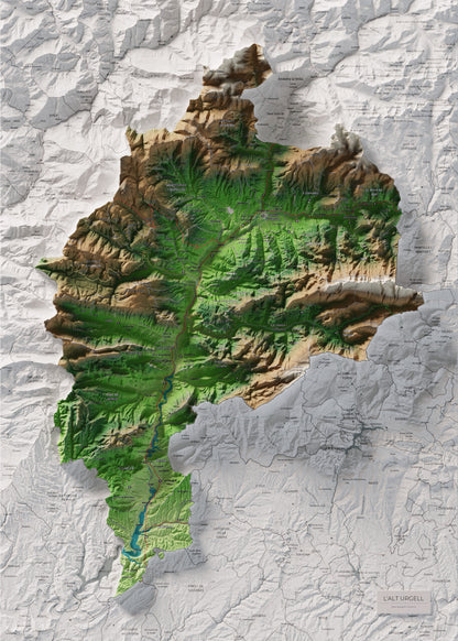 Mapa de relleu de l’Alt Urgell, amb el territori en color i l’entorn en blanc. Vista completa de la làmina. 50 × 70 cm. Estil Clàssic.