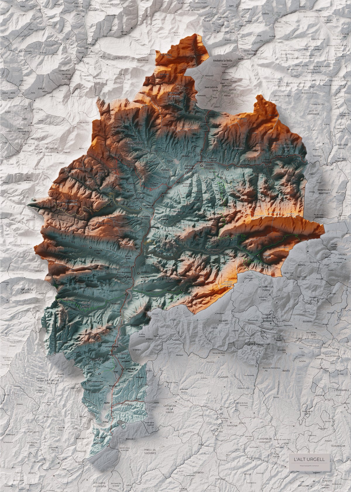 Mapa de relleu de l’Alt Urgell, amb el territori en color i l’entorn en blanc. Vista completa de la làmina. 50 × 70 cm. Estil Blau i taronja.