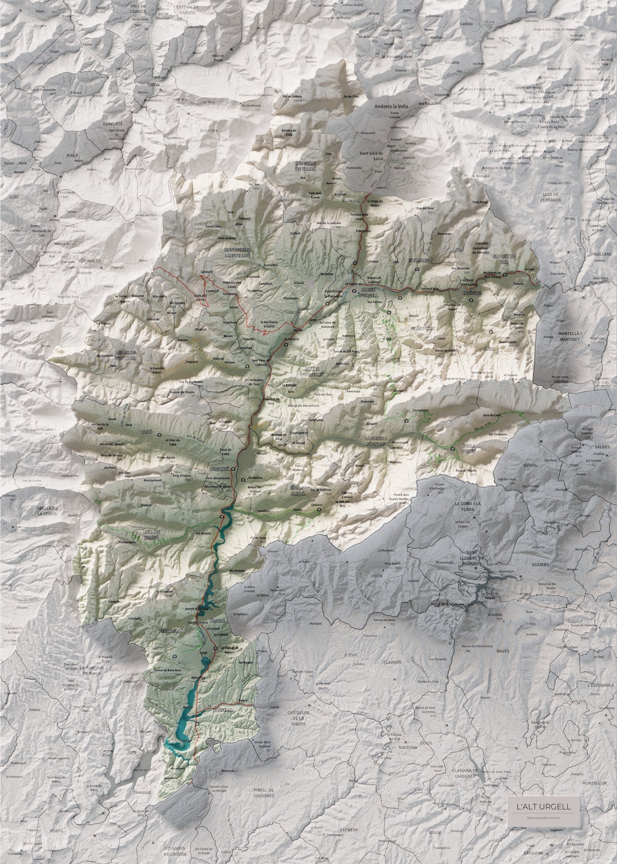 Mapa de relleu de l’Alt Urgell, amb el territori en color i l’entorn en blanc. Vista completa de la làmina. 50 × 70 cm. Estil Cartogràfic.