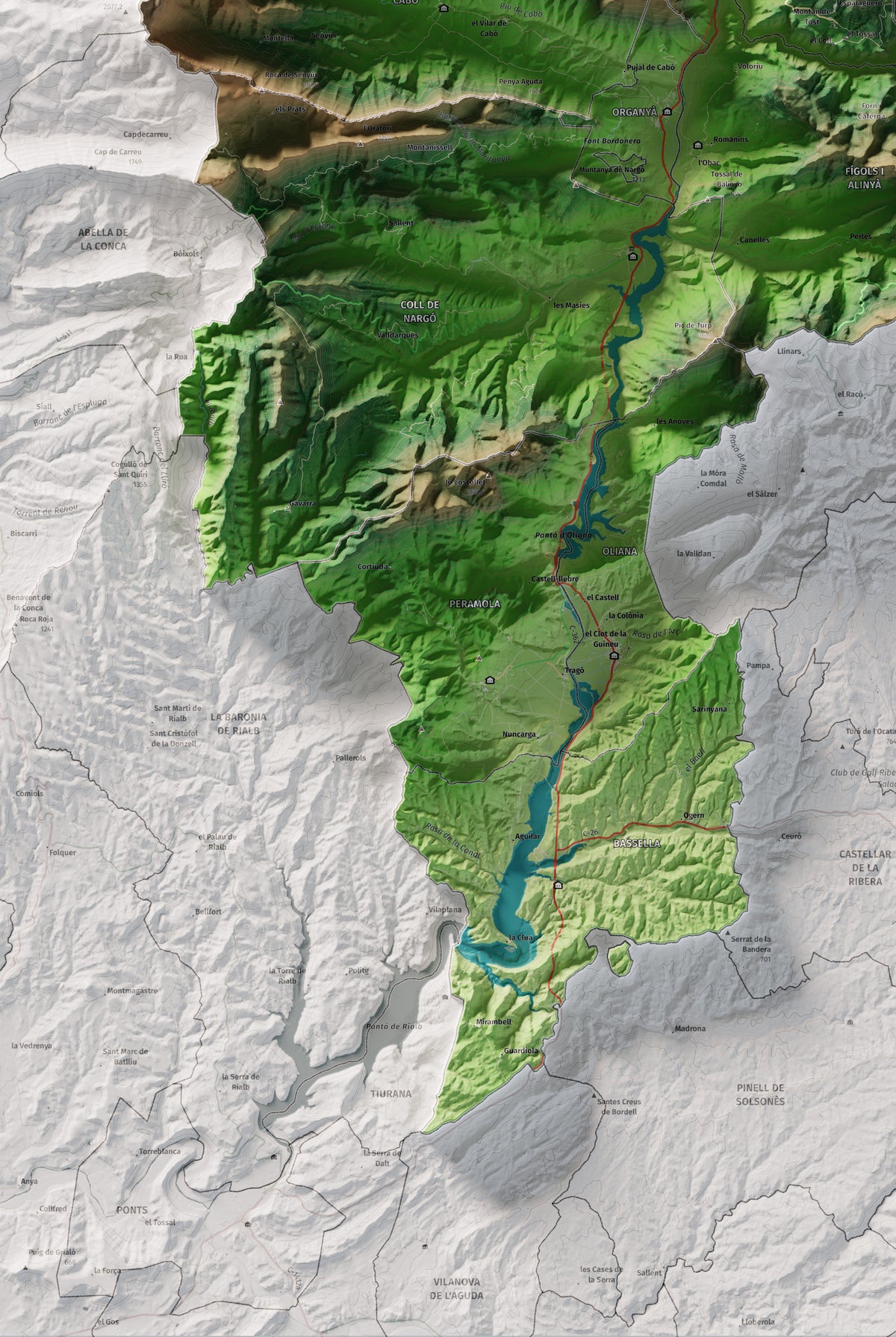 Mapa de relleu de l’Alt Urgell, amb el territori en color i l’entorn en blanc. Detall de la part inferior esquerra. 61 × 91 cm. Estil Clàssic.