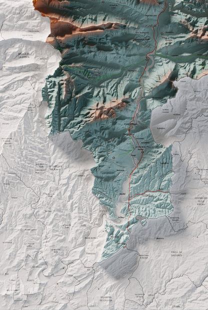 Mapa de relleu de l’Alt Urgell, amb el territori en color i l’entorn en blanc. Detall de la part inferior esquerra. 61 × 91 cm. Estil Blau i taronja.