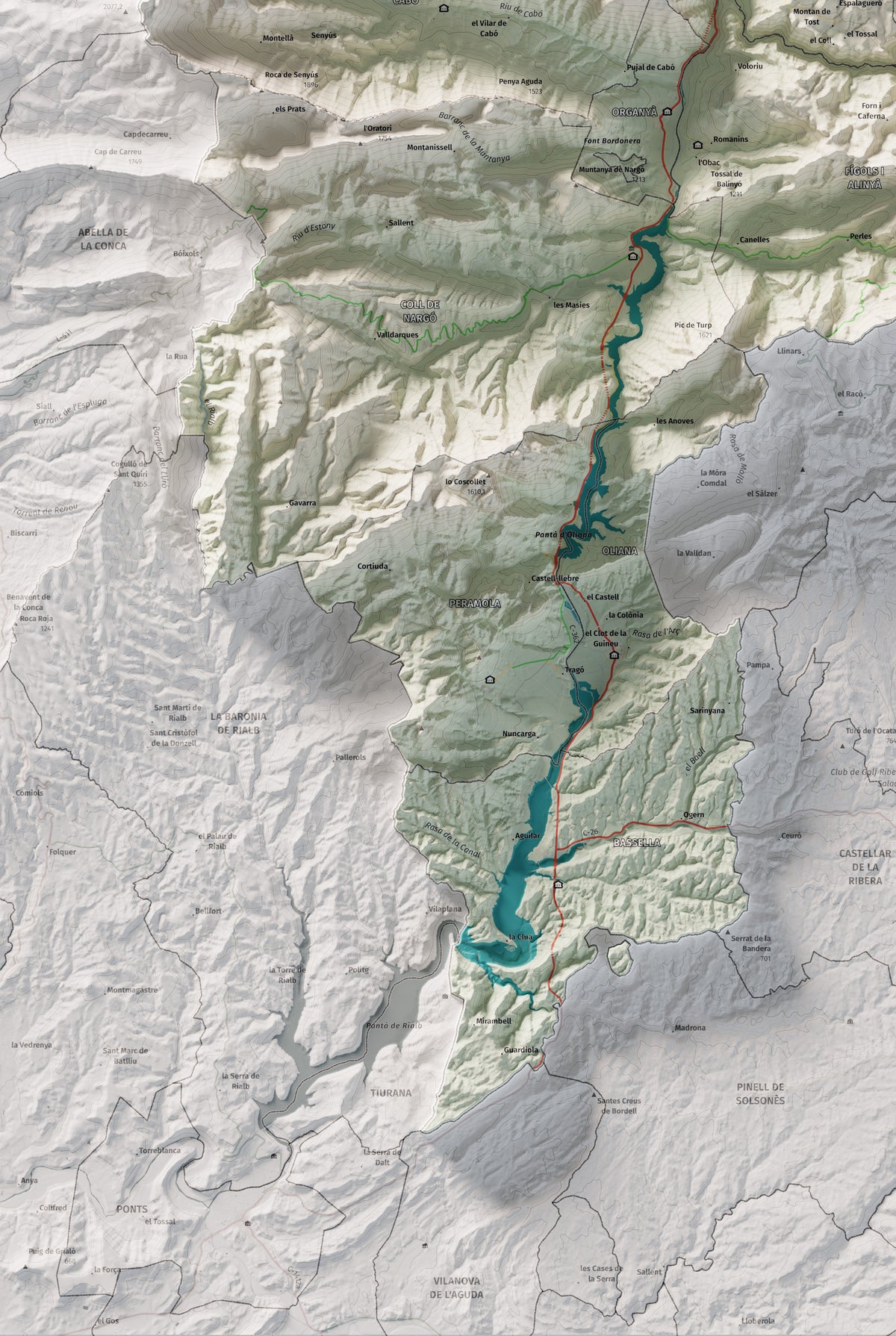 Mapa de relleu de l’Alt Urgell, amb el territori en color i l’entorn en blanc. Detall de la part inferior esquerra. 61 × 91 cm. Estil Cartogràfic.
