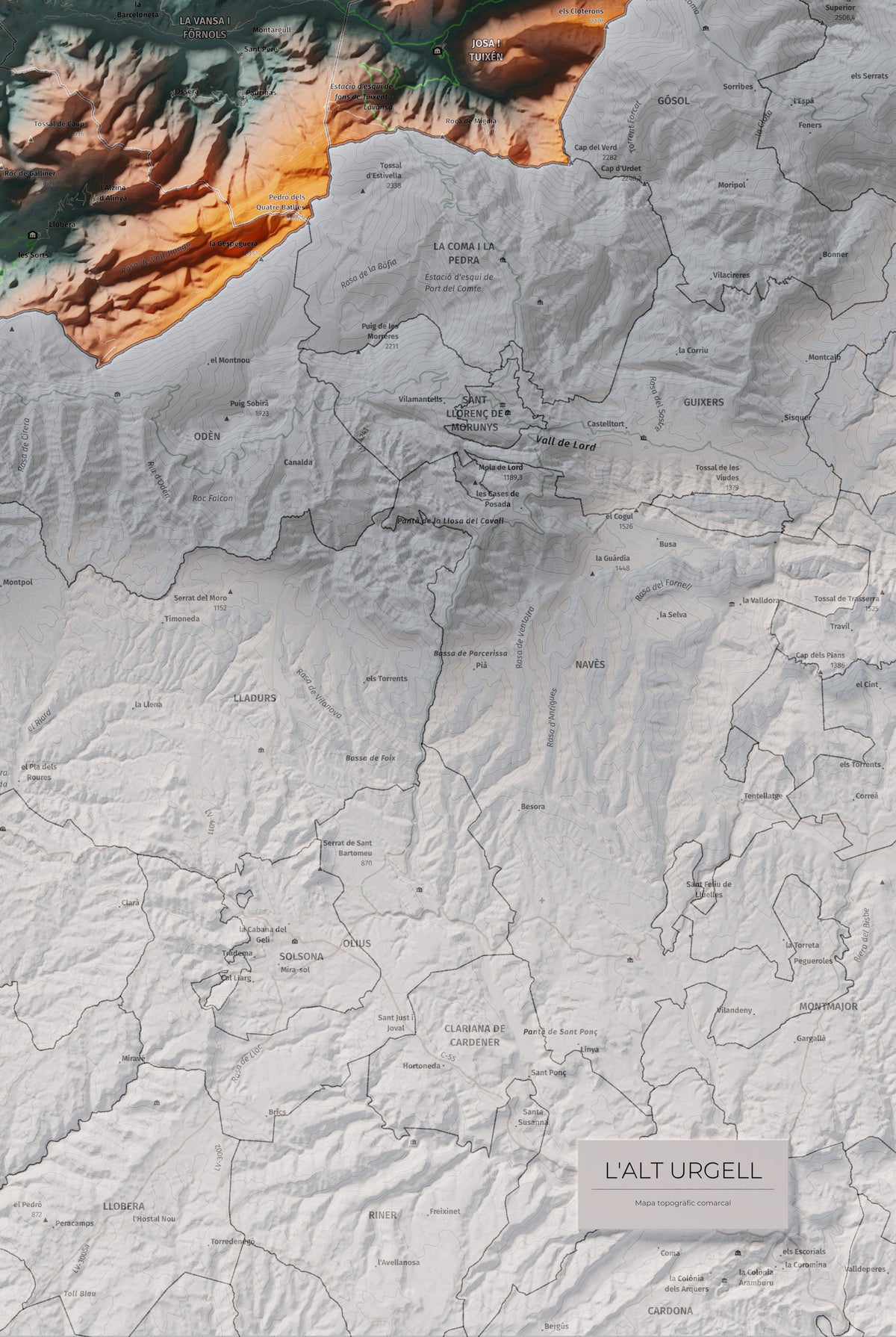 Mapa de relleu de l’Alt Urgell, amb el territori en color i l’entorn en blanc. Detall de la part inferior dreta. 61 × 91 cm. Estil Blau i taronja.