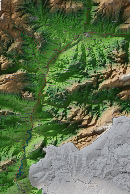 Mapa de relleu de l’Alt Urgell, amb el territori en color i l’entorn en blanc. Detall de la part central. 61 × 91 cm. Estil Clàssic.