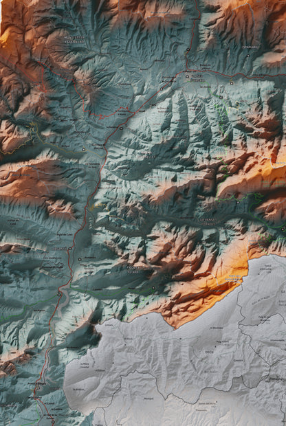 Mapa de relleu de l’Alt Urgell, amb el territori en color i l’entorn en blanc. Detall de la part central. 61 × 91 cm. Estil Blau i taronja.