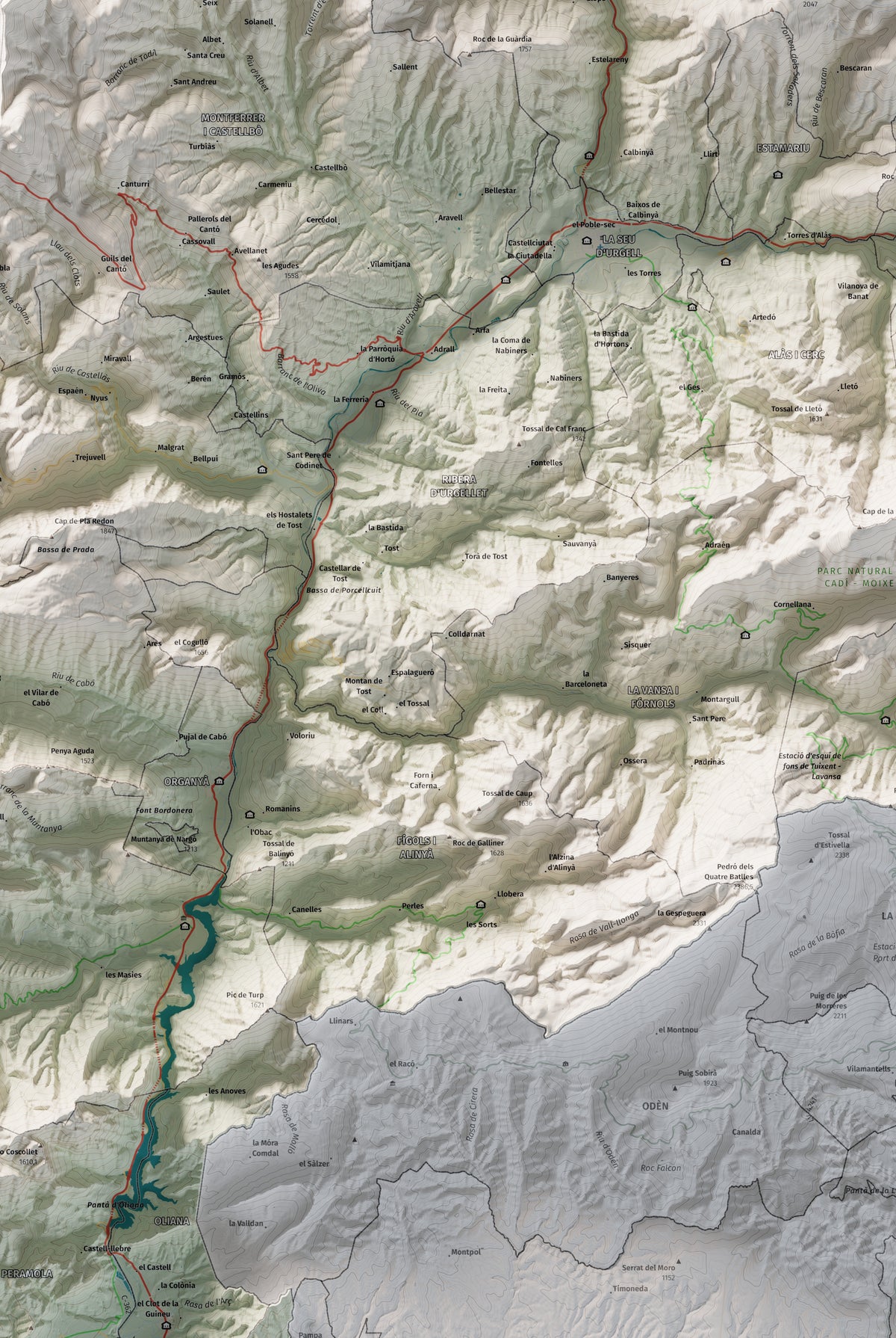 Mapa de relleu de l’Alt Urgell, amb el territori en color i l’entorn en blanc. Detall de la part central. 61 × 91 cm. Estil Cartogràfic.