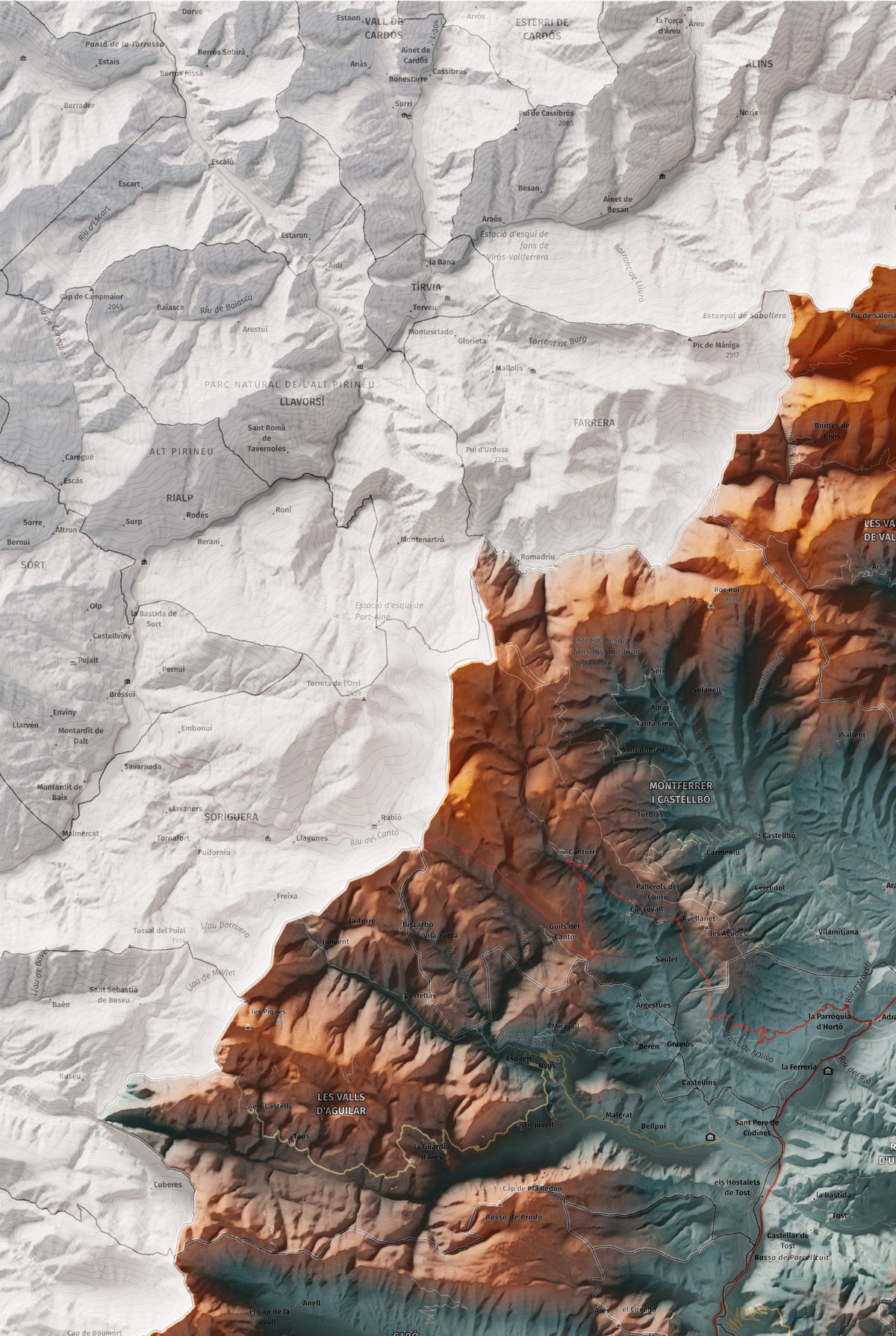 Mapa de relleu de l’Alt Urgell, amb el territori en color i l’entorn en blanc. Detall de la part superior esquerra. 61 × 91 cm. Estil Blau i taronja.