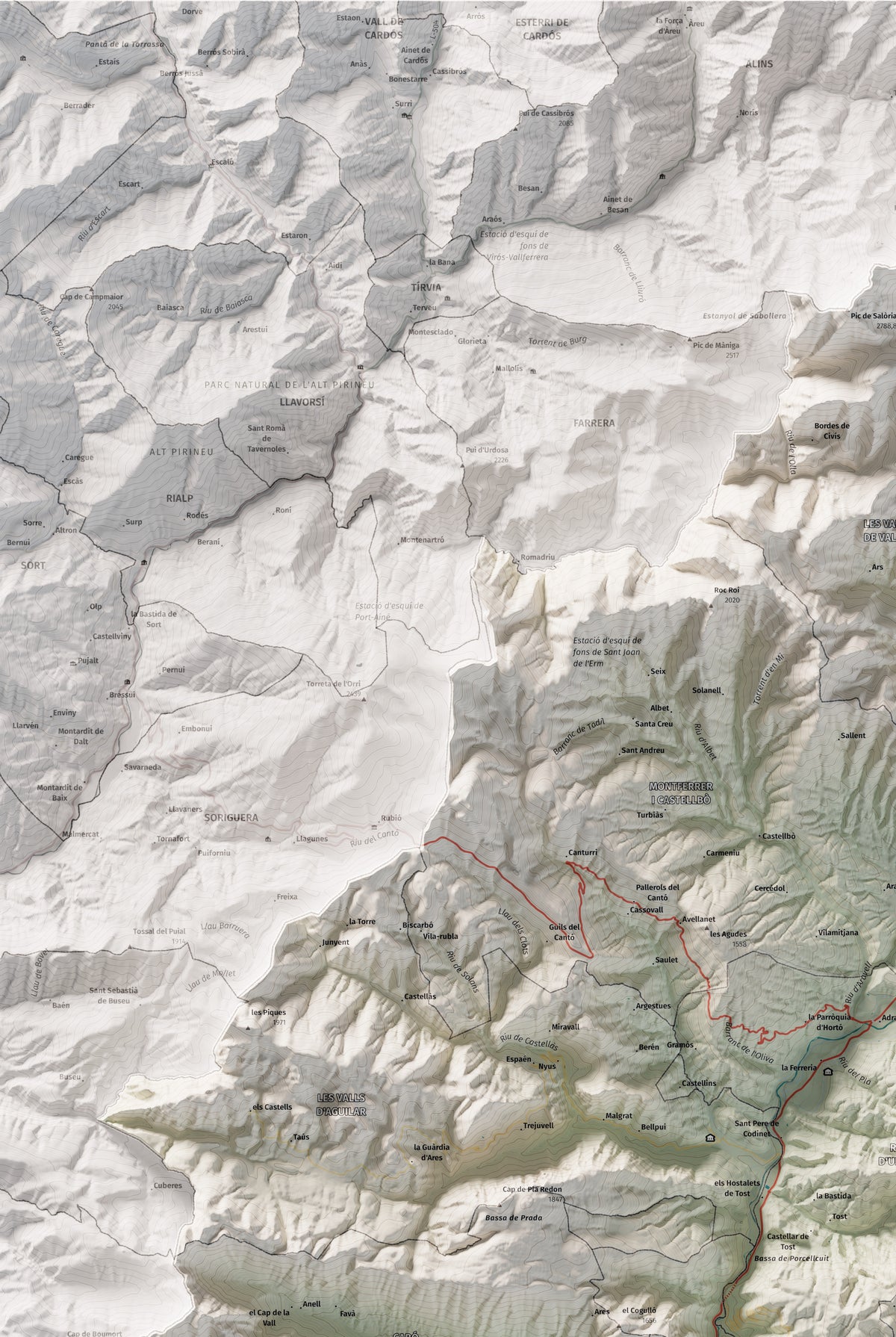 Mapa de relleu de l’Alt Urgell, amb el territori en color i l’entorn en blanc. Detall de la part superior esquerra. 61 × 91 cm. Estil Cartogràfic.