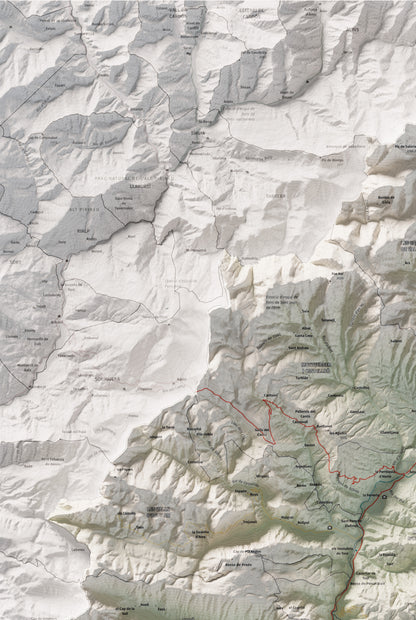 Mapa de relleu de l’Alt Urgell, amb el territori en color i l’entorn en blanc. Detall de la part superior esquerra. 61 × 91 cm. Estil Cartogràfic.