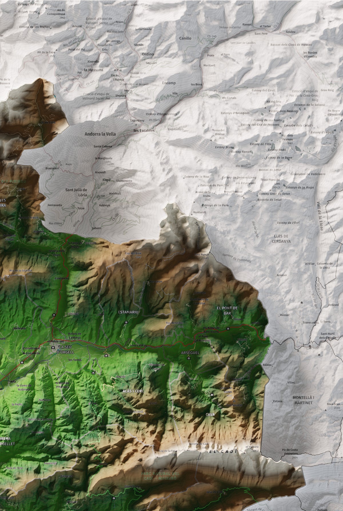 Mapa de relleu de l’Alt Urgell, amb el territori en color i l’entorn en blanc. Detall de la part superior dreta. 61 × 91 cm. Estil Clàssic.