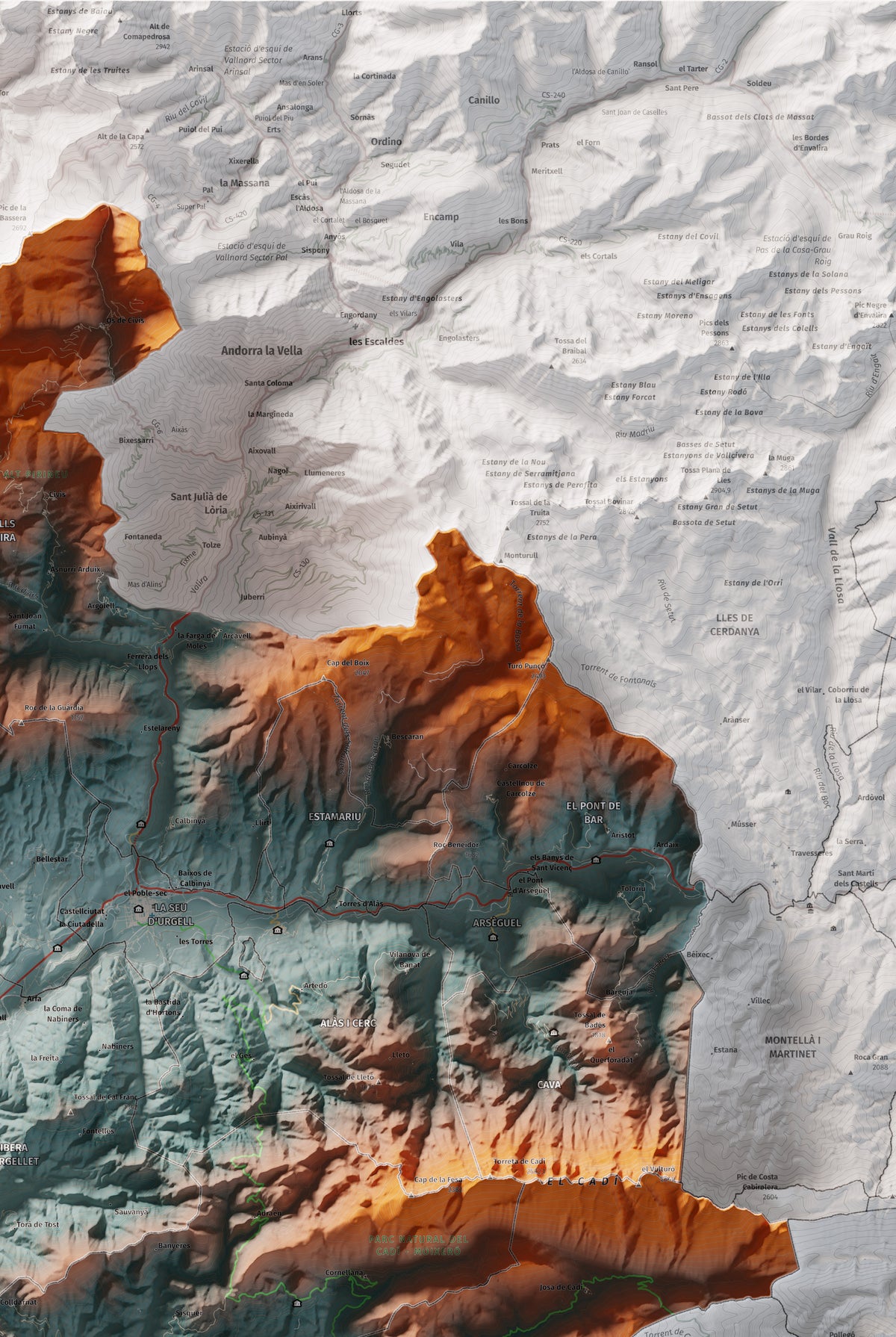 Mapa de relleu de l’Alt Urgell, amb el territori en color i l’entorn en blanc. Detall de la part superior dreta. 61 × 91 cm. Estil Blau i taronja.