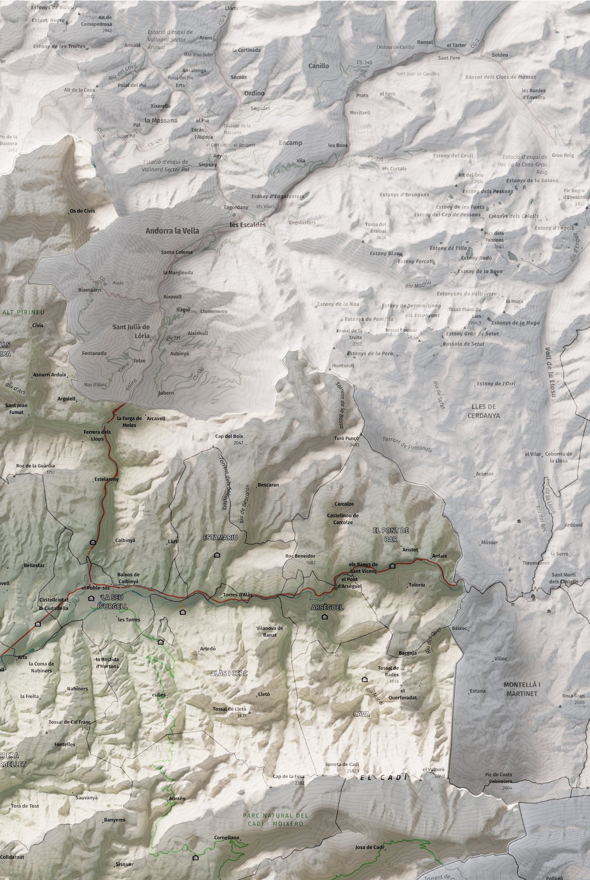Mapa de relleu de l’Alt Urgell, amb el territori en color i l’entorn en blanc. Detall de la part superior dreta. 61 × 91 cm. Estil Cartogràfic.