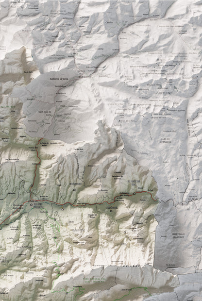 Mapa de relleu de l’Alt Urgell, amb el territori en color i l’entorn en blanc. Detall de la part superior dreta. 61 × 91 cm. Estil Cartogràfic.