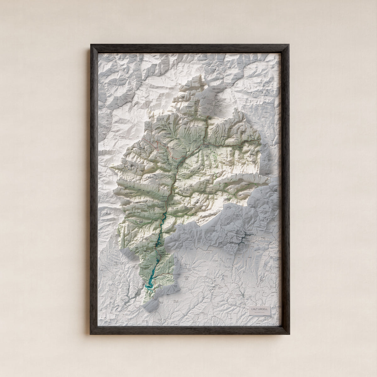 Mapa de relleu de l’Alt Urgell, amb el territori en color i l’entorn en blanc. Presentació amb marc. 61 × 91 cm. Estil Cartogràfic.