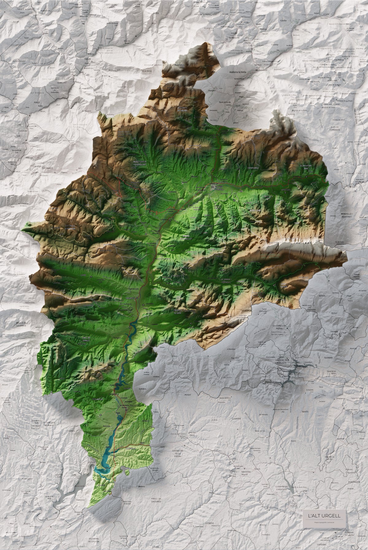 Mapa de relleu de l’Alt Urgell, amb el territori en color i l’entorn en blanc. Vista completa de la làmina. 61 × 91 cm. Estil Clàssic.