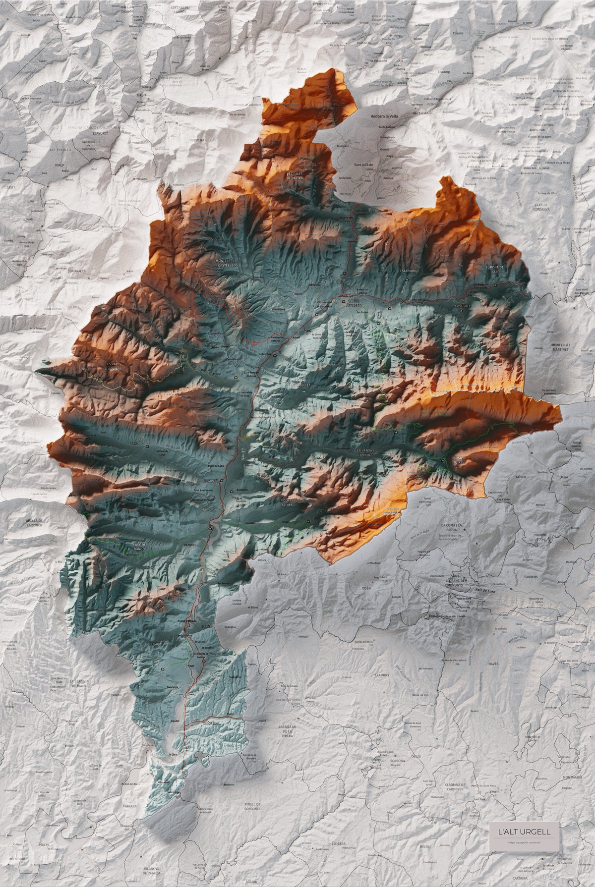Mapa de relleu de l’Alt Urgell, amb el territori en color i l’entorn en blanc. Vista completa de la làmina. 61 × 91 cm. Estil Blau i taronja.