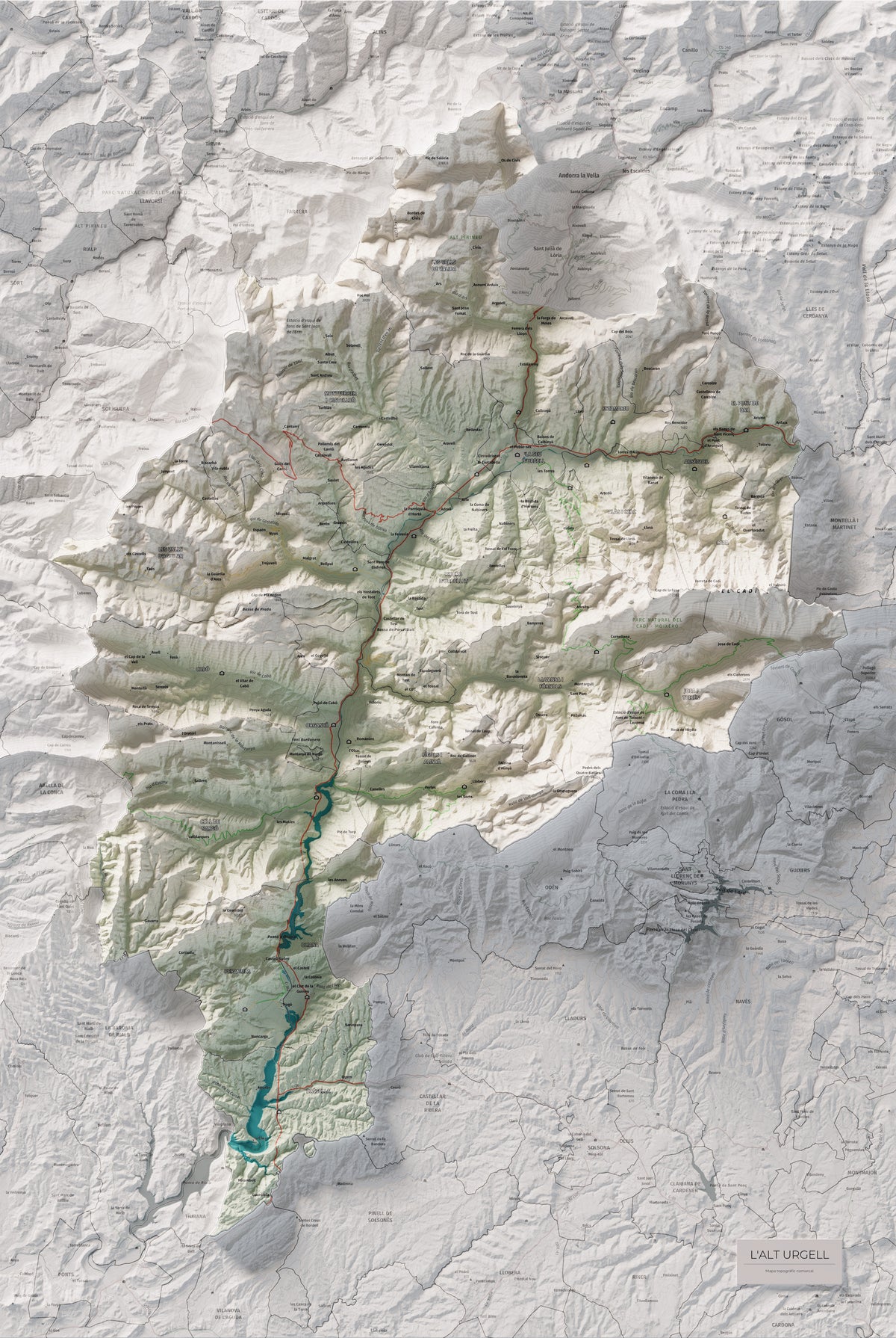 Mapa de relleu de l’Alt Urgell, amb el territori en color i l’entorn en blanc. Vista completa de la làmina. 61 × 91 cm. Estil Cartogràfic.