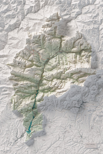 Mapa de relleu de l’Alt Urgell, amb el territori en color i l’entorn en blanc. Vista completa de la làmina. 61 × 91 cm. Estil Cartogràfic.