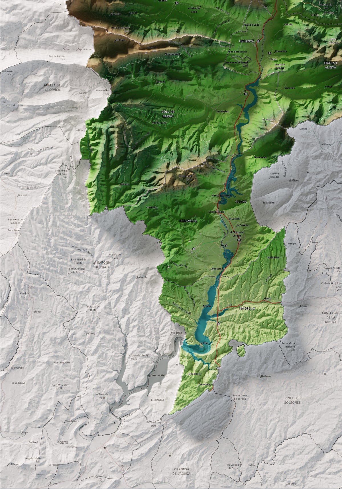 Mapa de relleu de l’Alt Urgell, amb el territori en color i l’entorn en blanc. Detall de la part inferior esquerra. 70 × 100 cm. Estil Clàssic.