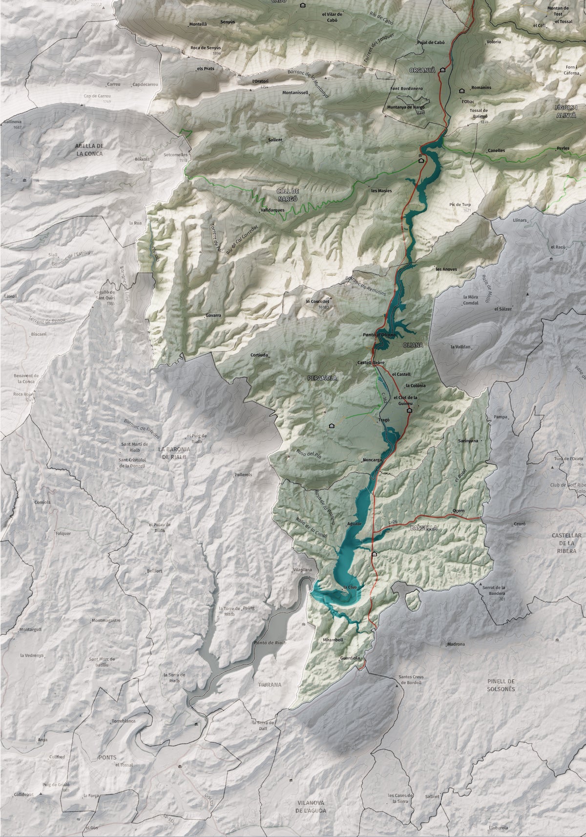 Mapa de relleu de l’Alt Urgell, amb el territori en color i l’entorn en blanc. Detall de la part inferior esquerra. 70 × 100 cm. Estil Cartogràfic.