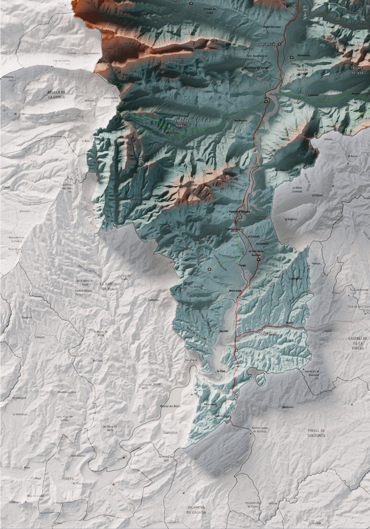 Mapa de relleu de l’Alt Urgell, amb el territori en color i l’entorn en blanc. Detall de la part inferior esquerra. 70 × 100 cm. Estil Blau i taronja.