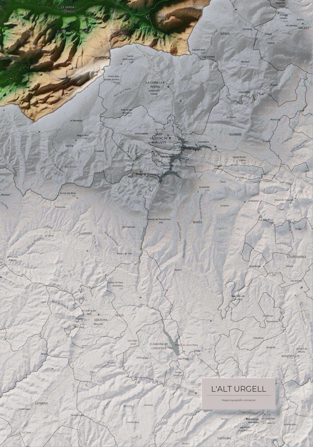 Mapa de relleu de l’Alt Urgell, amb el territori en color i l’entorn en blanc. Detall de la part inferior dreta. 70 × 100 cm. Estil Clàssic.