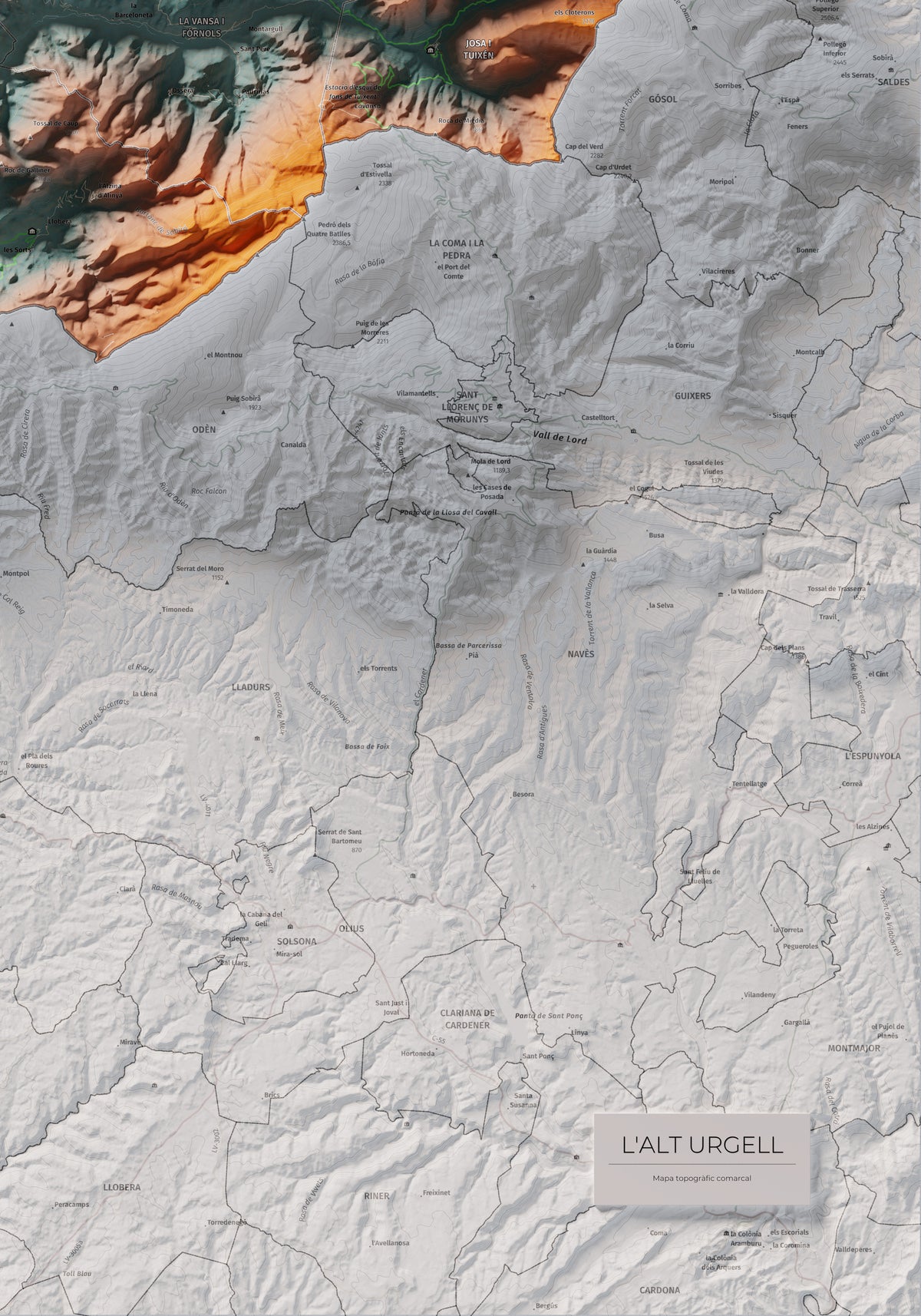 Mapa de relleu de l’Alt Urgell, amb el territori en color i l’entorn en blanc. Detall de la part inferior dreta. 70 × 100 cm. Estil Blau i taronja.
