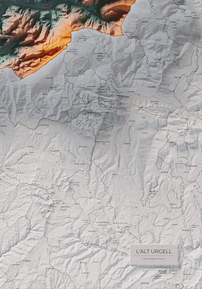 Mapa de relleu de l’Alt Urgell, amb el territori en color i l’entorn en blanc. Detall de la part inferior dreta. 70 × 100 cm. Estil Blau i taronja.