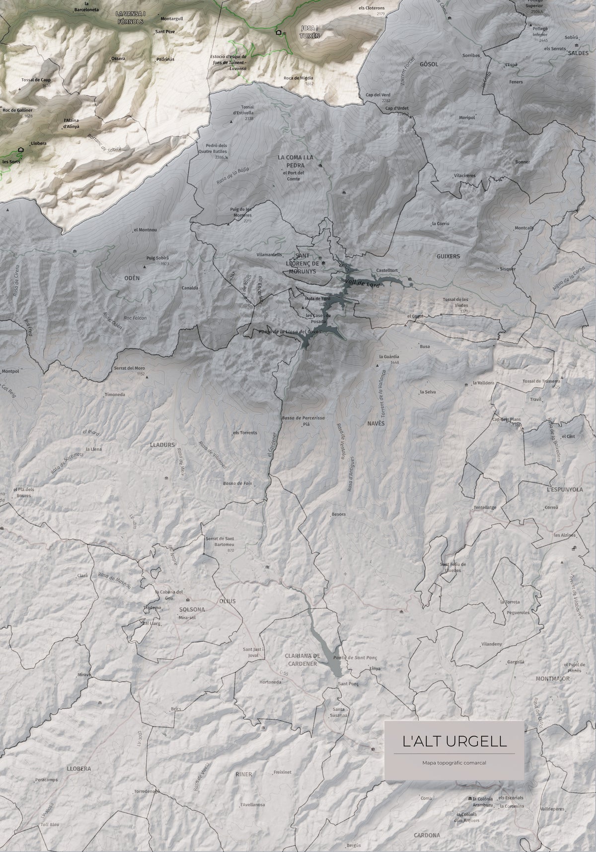 Mapa de relleu de l’Alt Urgell, amb el territori en color i l’entorn en blanc. Detall de la part inferior dreta. 70 × 100 cm. Estil Cartogràfic.