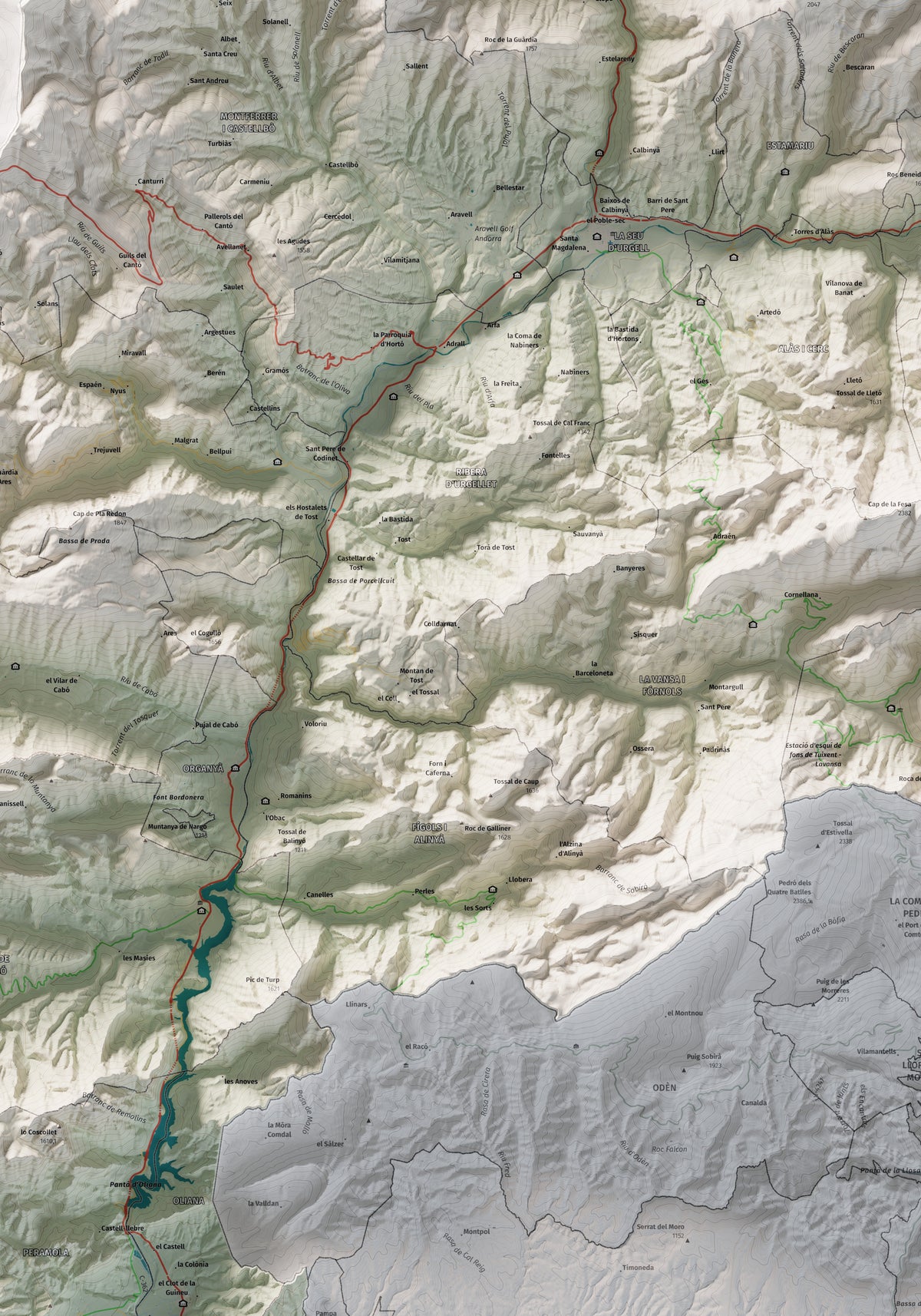 Mapa de relleu de l’Alt Urgell, amb el territori en color i l’entorn en blanc. Detall de la part central. 70 × 100 cm. Estil Cartogràfic.