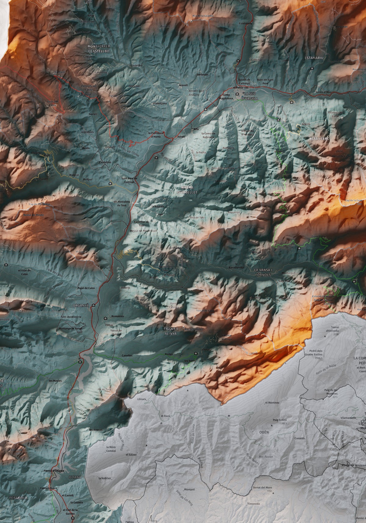Mapa de relleu de l’Alt Urgell, amb el territori en color i l’entorn en blanc. Detall de la part central. 70 × 100 cm. Estil Blau i taronja.