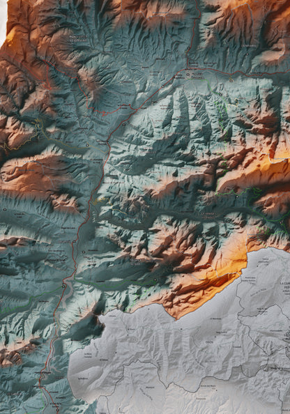 Mapa de relleu de l’Alt Urgell, amb el territori en color i l’entorn en blanc. Detall de la part central. 70 × 100 cm. Estil Blau i taronja.