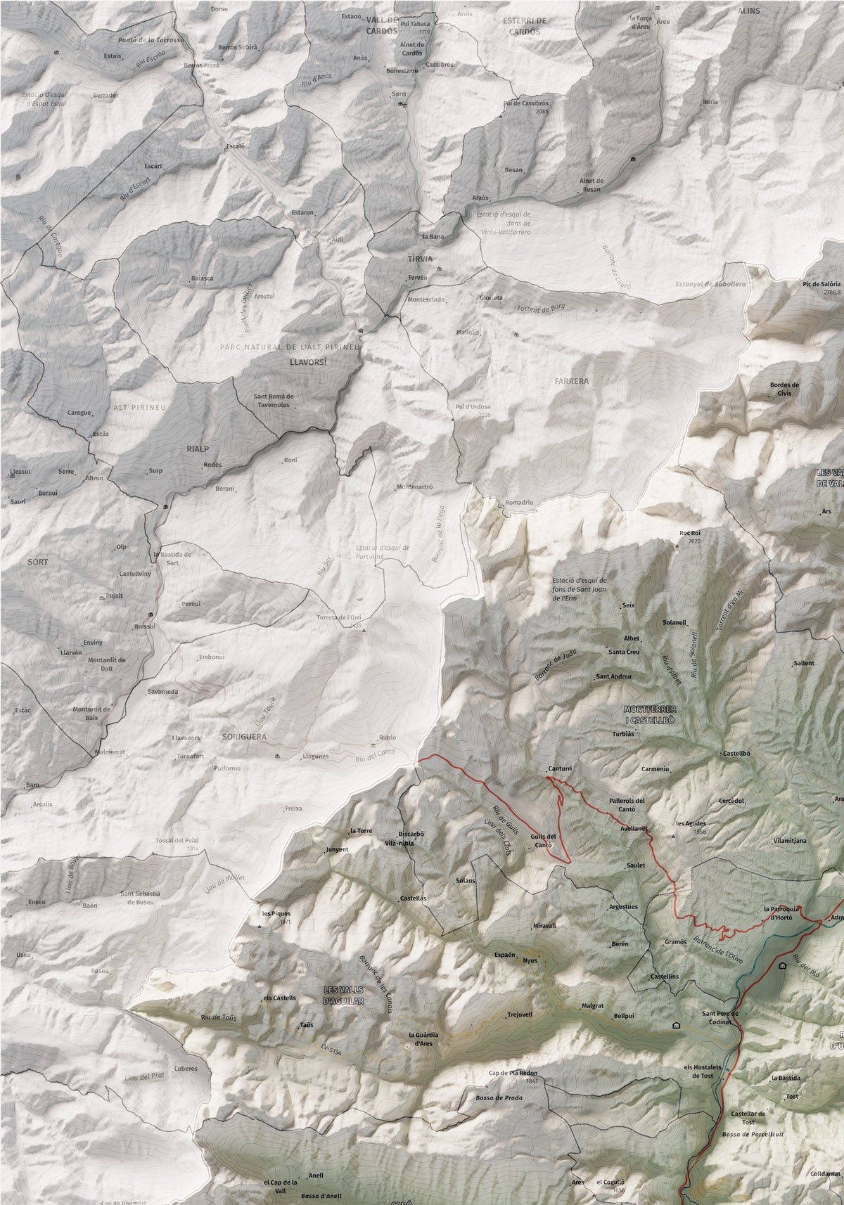Mapa de relleu de l’Alt Urgell, amb el territori en color i l’entorn en blanc. Detall de la part superior esquerra. 70 × 100 cm. Estil Cartogràfic.