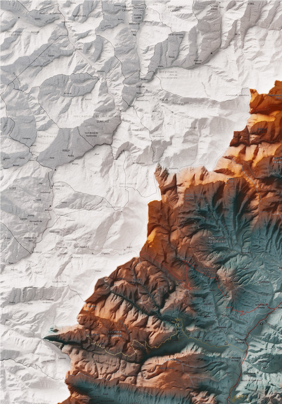 Mapa de relleu de l’Alt Urgell, amb el territori en color i l’entorn en blanc. Detall de la part superior esquerra. 70 × 100 cm. Estil Blau i taronja.