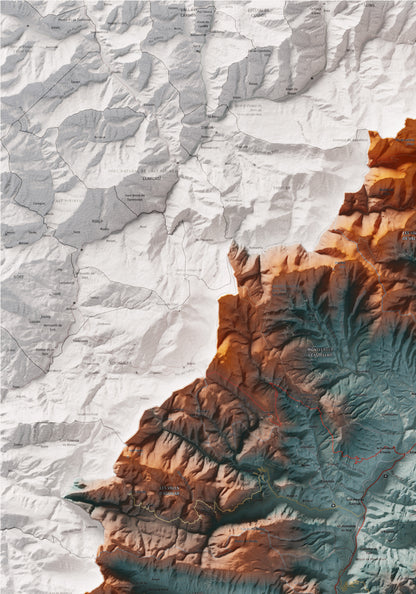 Mapa de relleu de l’Alt Urgell, amb el territori en color i l’entorn en blanc. Detall de la part superior esquerra. 70 × 100 cm. Estil Blau i taronja.